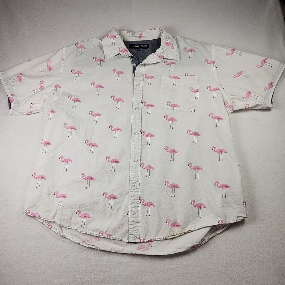 Monument Clothing Co 2X Flamingo Button Down Hawaiian Shirt Casual Short Sleeve
